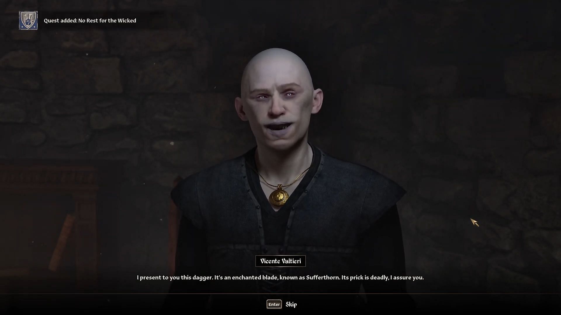 Valtieri presents you with the dagger (Image via Bethesda Softworks || YouTube/@WoW Quests)